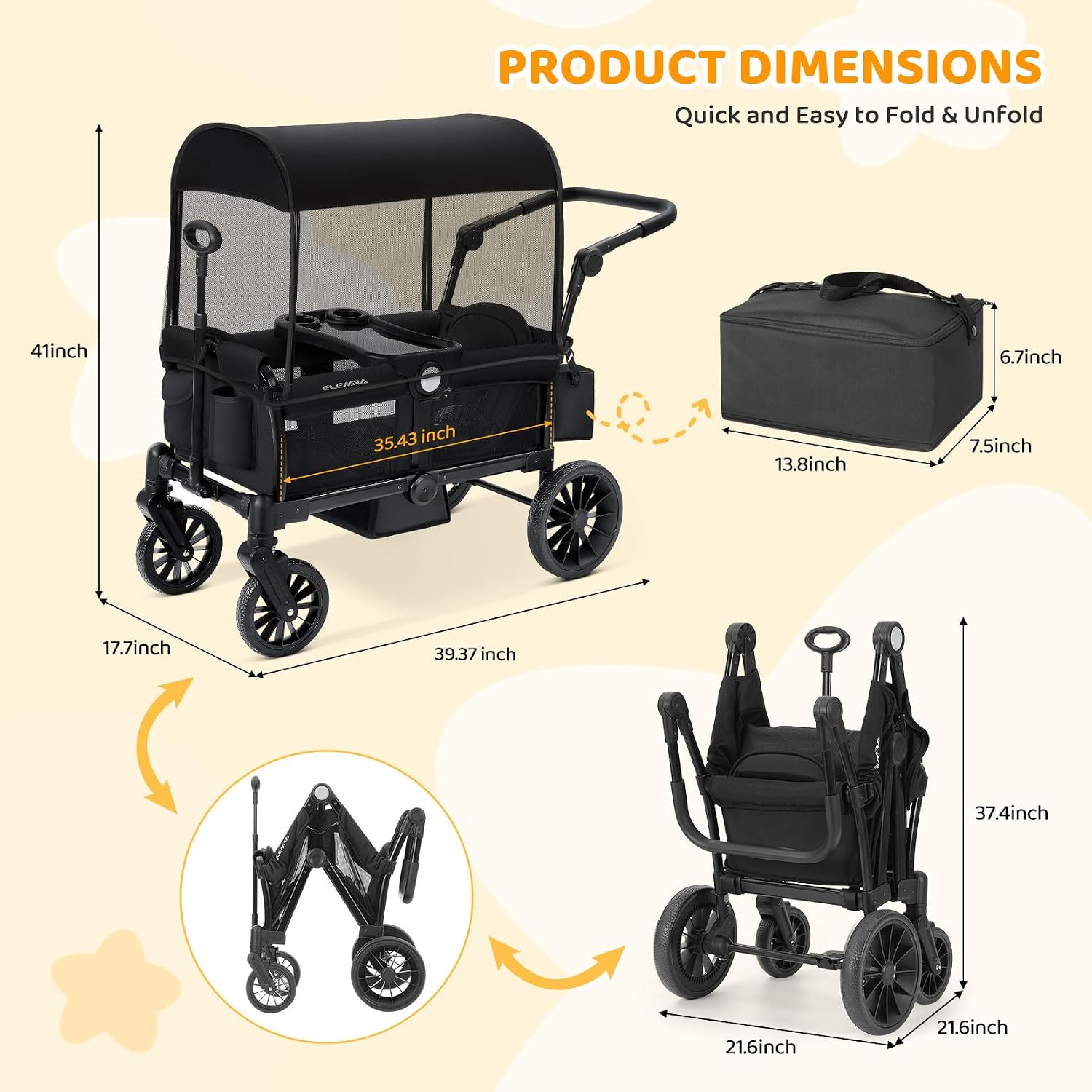 ELEMARA Wagon Stroller for 2 Kids, Premium All-Terrain Stroller with Canopy, Adjustable Push/Pull Handle Bar, Comfortable drop-down footwell and Upholstered Seats, Black