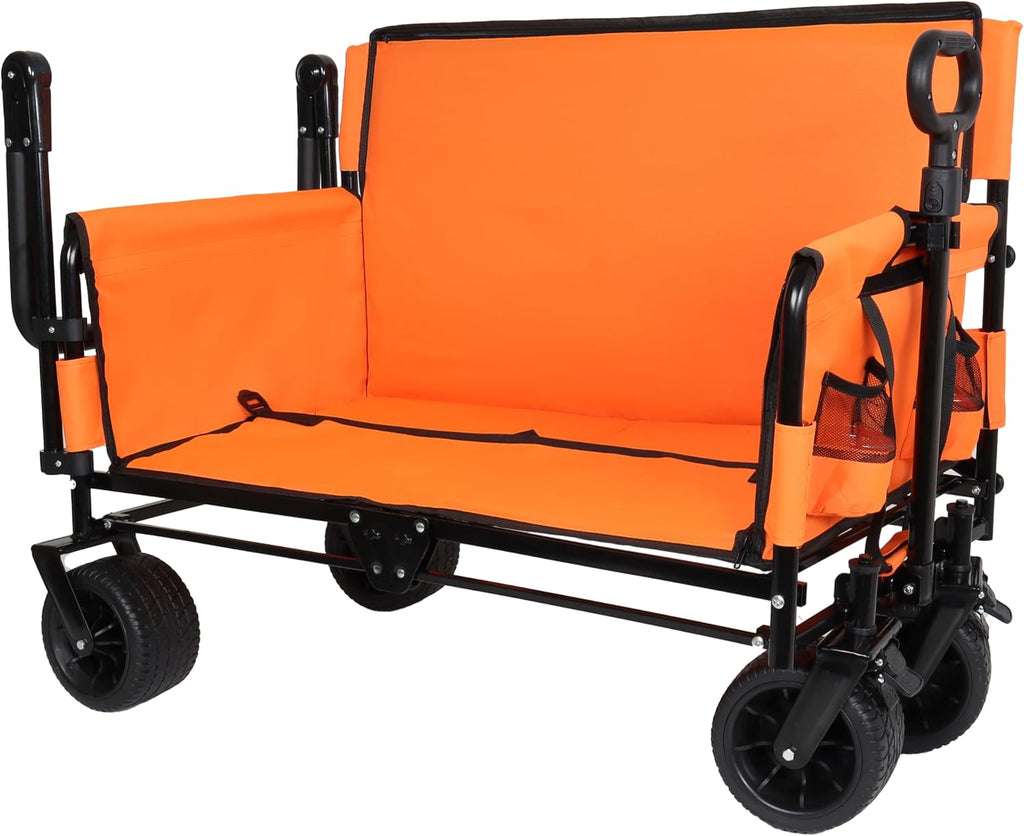 3-in-1 Heavy-Duty Folding Wagon Cart with Adjustable Canopy & Bench Seat – 500lbs Capacity, All-Terrain Utility Cart for Camping, Beach, Sports, Garden Storage (Orange)