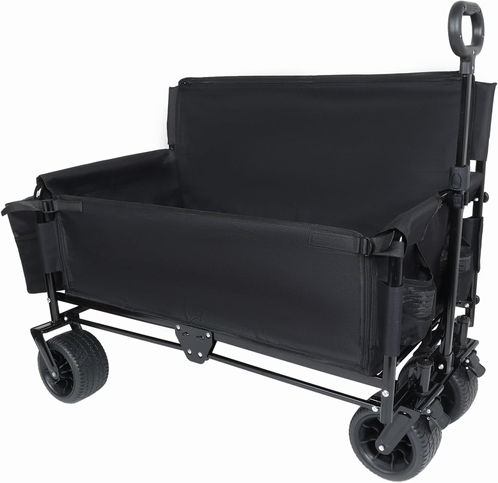 3-in-1 Folding Wagon with Bench Seat - 500LB Capacity, 180L Storage, All-Terrain Wheels, Compact Fold, Includes Ice Pack, for Camping, Beach, Sports, Garden (Black)