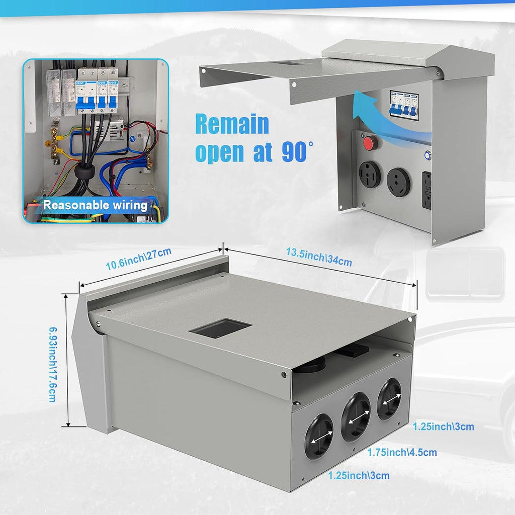 RV Outlet Box with Lighting System Current Indicator 50/30/20 Amp Trailer RV Accessories Electrical Temporary Power Panel Small Metal Sub Breaker Box Waterproof Outdoor Receptacle Camper Home Upgrades