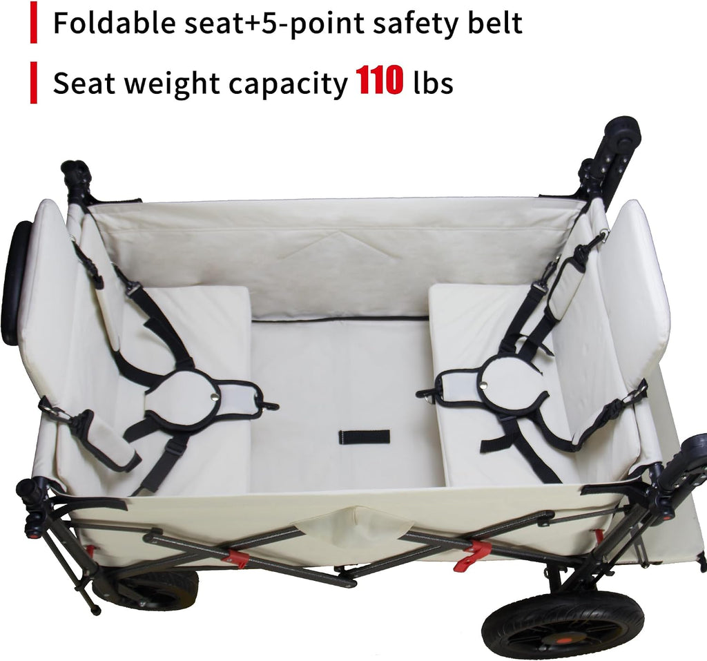 TMZ Collapsible Wagon with 2 Foldable Seats, Folding Cart with Removable Canopy, Heavy Duty Wagon 265LBS Load Capacity for Camping Garden Shopping (Beige)