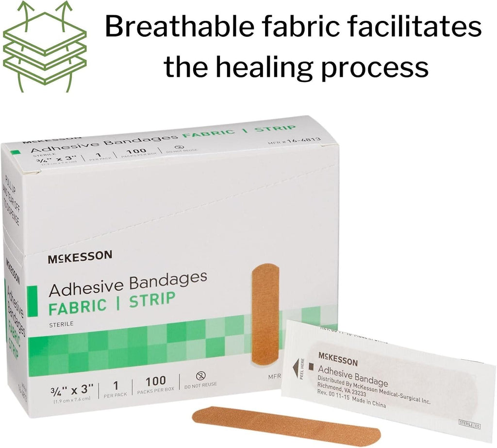 McKesson Adhesive Bandages, Sterile, Fabric Strip, 3/4 in x 3 in, 100 Count, 24 Packs, 2400 Total