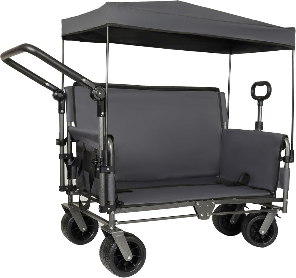 3-in-1 Folding Wagon Cart with Bench Seat & Canopy, 500lbs Heavy-Duty Capacity, All-Terrain 180L Storage Cart for Camping, Beach, Sports, Garden, Adjustable Handles, Easy Fold & Travel (Gray)