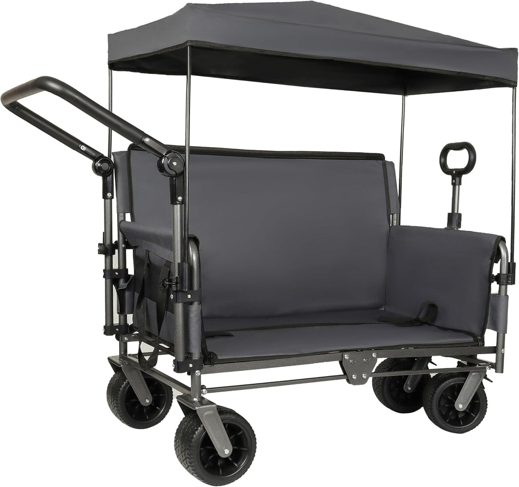 3-in-1 Folding Wagon Cart with Bench Seat & Canopy & Storage, 500lbs Heavy-Duty, 180L Capacity, All-Terrain Wagon for Camping, Beach, Sports, & Garden (Gray)