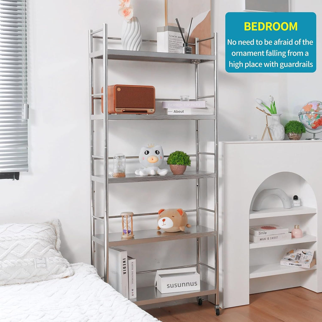 susunnus Stainless Steel Shelf,Shelves for Storage,Metal Kitchen,Garage Shelf,with Wheels,Rolling Shelves,Adjustable Height,Weight Capacity 440LB(27.6in*10.2in-5Twith guardrails)
