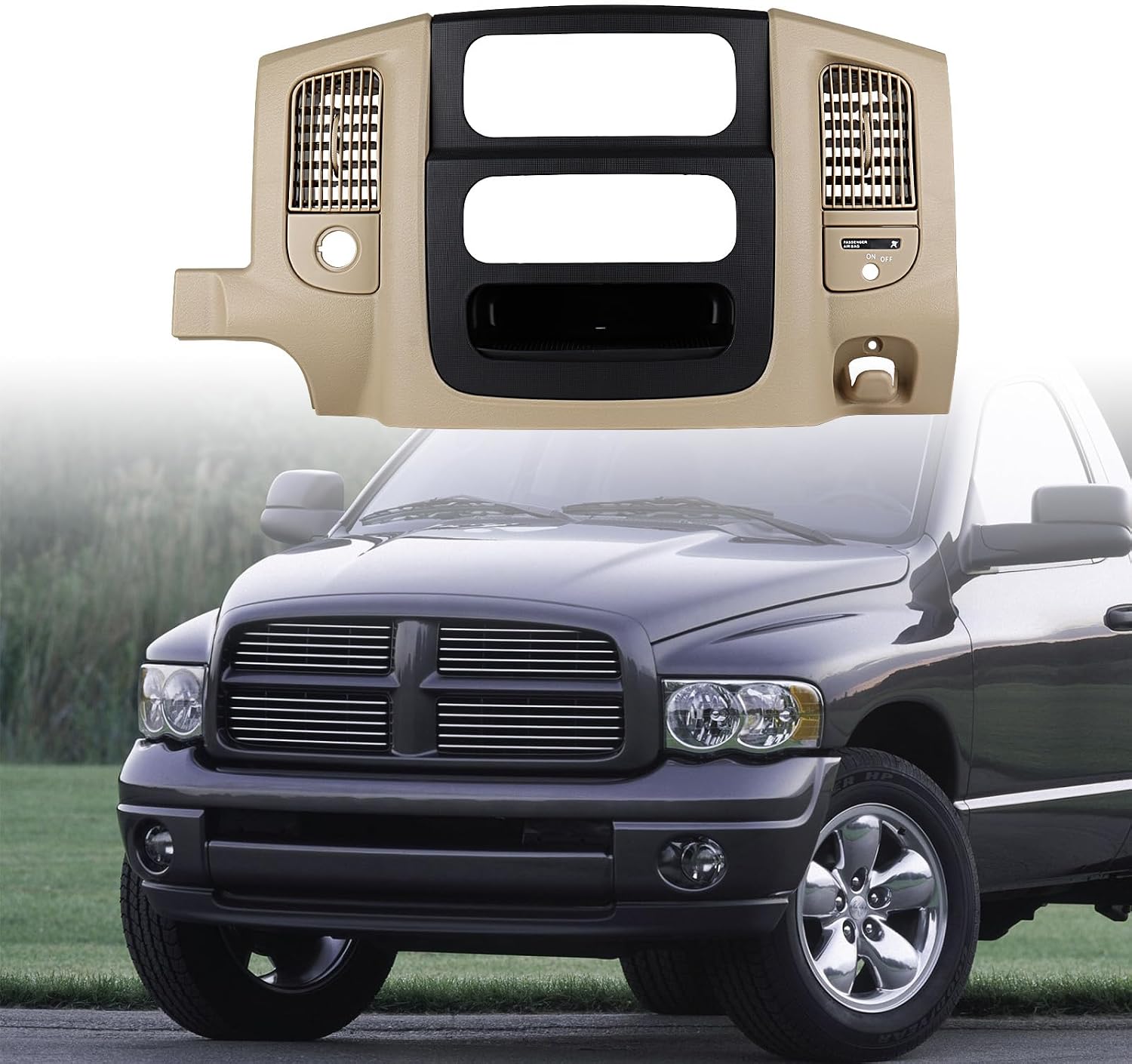 Dash Center Radio Bezel Trim Panel Compatible for 2002-2005 Dodge Ram 1500, 2003-2005 Ram 2500 3500 Replacement Dash Cover Kit + Mounting Screw Dashboard Radio Surround Interior Beige & Black