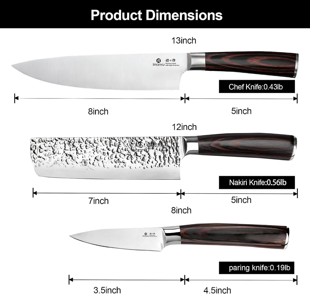 imarku 3 Pieces Knife set, Japanese HC Stainless Steel Kitchen Knife Set, Professional Chef Knife Set With Ergonomic Pakkawood Handle, Ultra Sharp Knives Set for Kitchen & Home Cooking, Gifts Box
