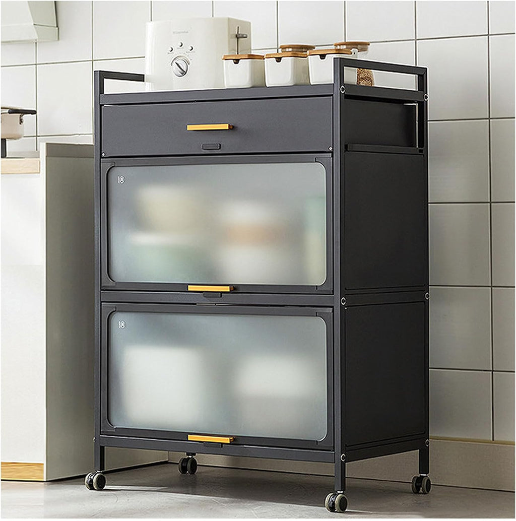 5 Tier Microwave Stand with Cabinet Bakers Rack for Kitchen Storage Metal Shelves Black with Casters and Drawer