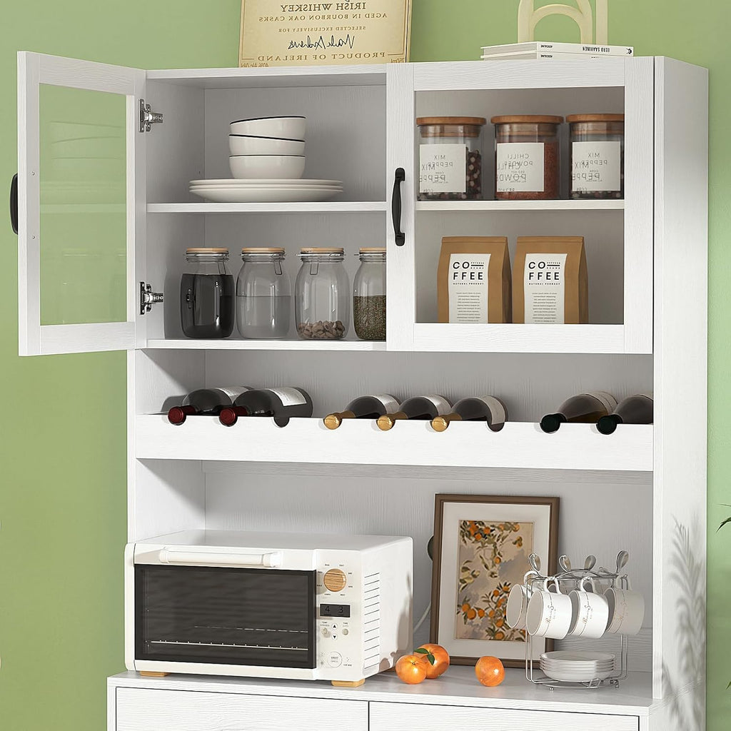 VOWNER 71' Kitchen Pantry Storage Cabinet, Tall Kitchen Hutch Storage Cabinet with 4 Glass Doors and 2 Drawers, Food Pantry with Wine Rack Cupboard for Dinning Room, Living Room