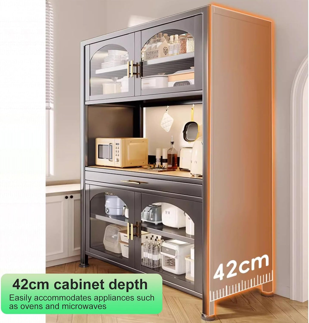73' Microwave Stand with Drawer, Tall Bakers Rack with Cabinet, Adjustable Kitchen Cabinets with Countertop & Glass Doors