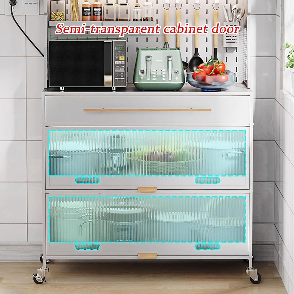 JKGHK 5-Tier Bakers Racks with Storage for Kitchens, Microwave Stand on Wheels with Flip Door Cabinets and Pegboard, Tall Kitchen Pantry Cabinet with Drawer for Home(Black,80cm/31.4in)