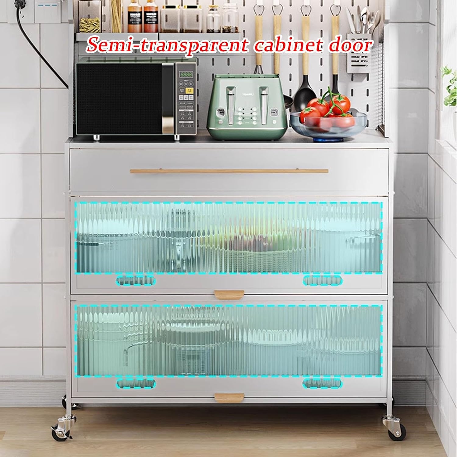 JKGHK 5-Tier Bakers Racks with Storage for Kitchens, Microwave Stand on Wheels with Flip Door Cabinets and Pegboard, Tall Kitchen Pantry Cabinet with Drawer for Home(Black,100cm/39.3in)