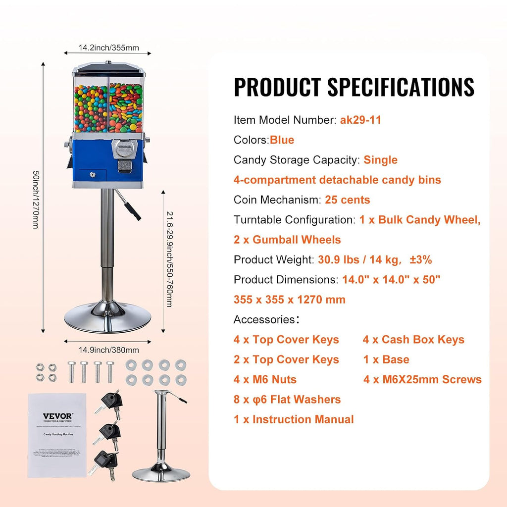 VEVOR Commercial Vending Machine, Four Compartment Rotatable Gumball and Candy Dispenser, Adjustable Height Coin Operated Candy Bank with Iron Stand, for Business Toy Capsules Bouncy Balls Nut, Blue