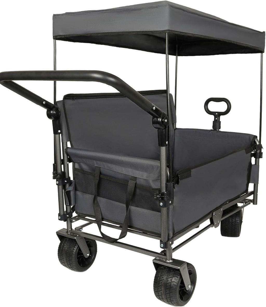 3-in-1 Folding Utility Wagon with Bench Seats, Canopy & 180L Storage - 500lb Capacity, All-Terrain Heavy-Duty Cart (Gray)