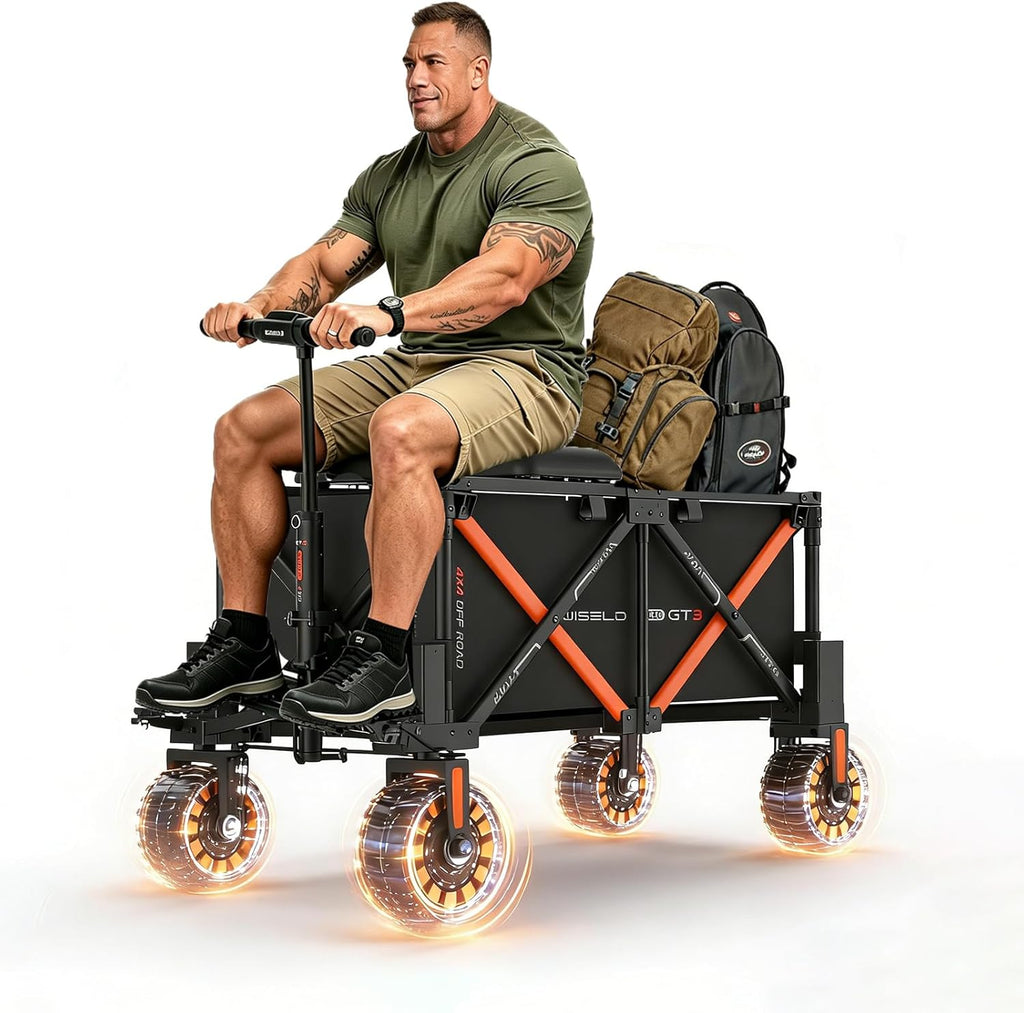 WISELD GT3-4WD Off Road Electric Wagon Cart Heavy Duty with Seat, 771 Lbs Utility Cart with 3000W Motor Hauler, Rideable & Tow-Assist Foldable Motorized Cart, 0-10 MPH, for Camping, Garden...