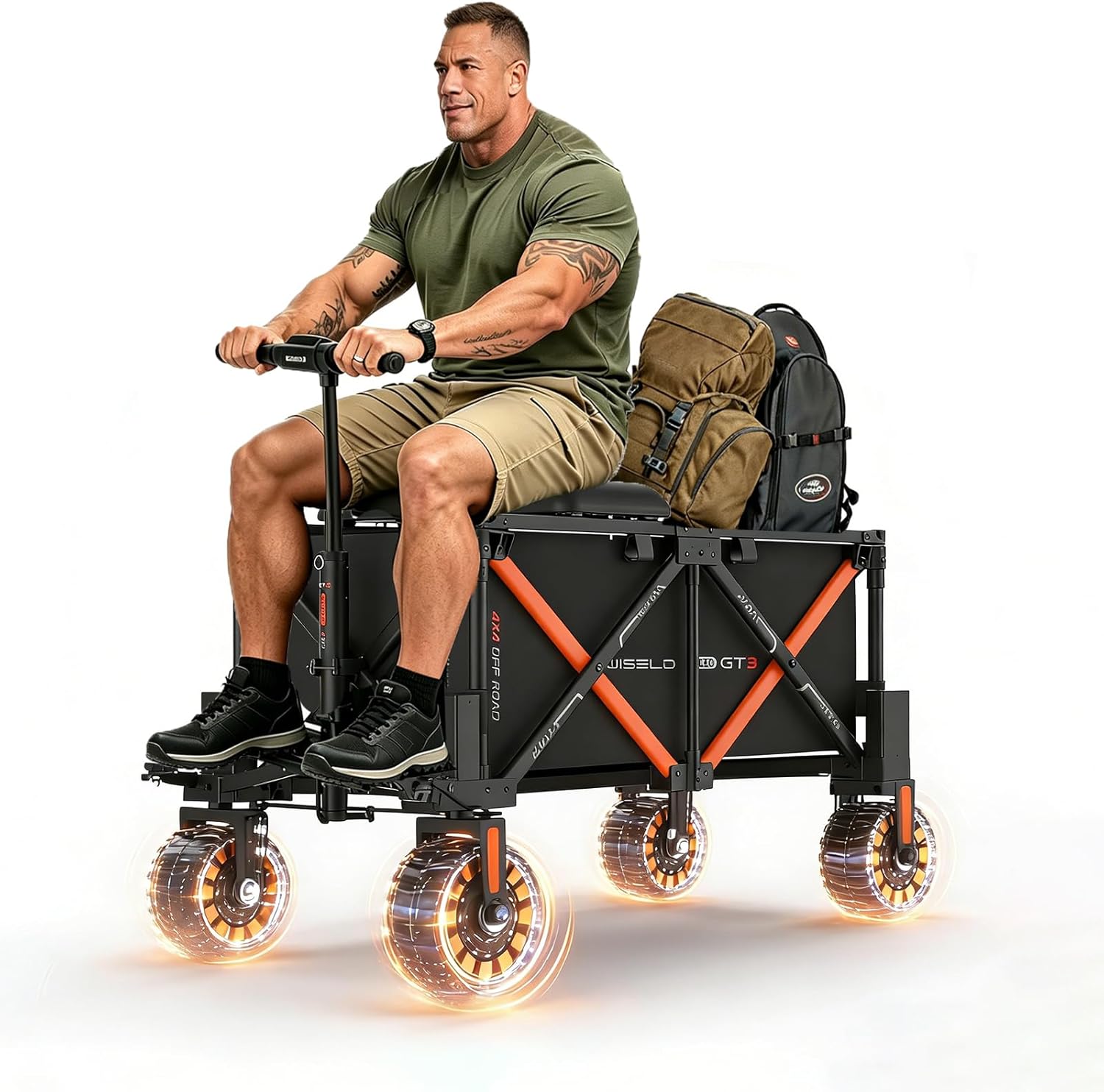 WISELD GT3-4WD Off Road Electric Wagon Cart Heavy Duty with Seat, 771 Lbs Utility Cart with 3000W Motor Hauler, Rideable & Tow-Assist Foldable Motorized Cart, 0-10 MPH, for Camping, Garden...