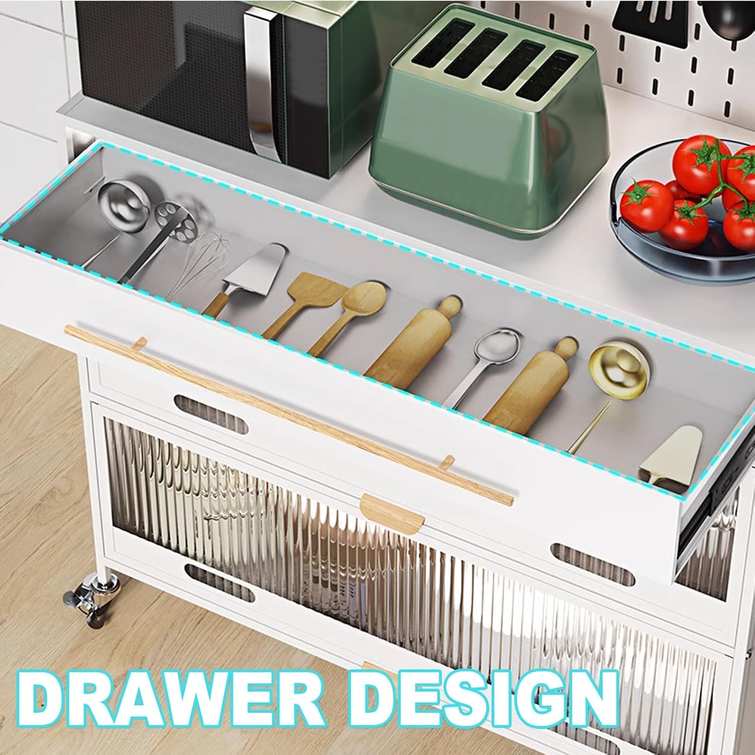 Metal Kitchen Storage Cabinets, Bakers Rack with Storage, Kitchen Microwave Stand, with Drawers, Hooks * 8, Foot Pads * 4(Black,100cm)