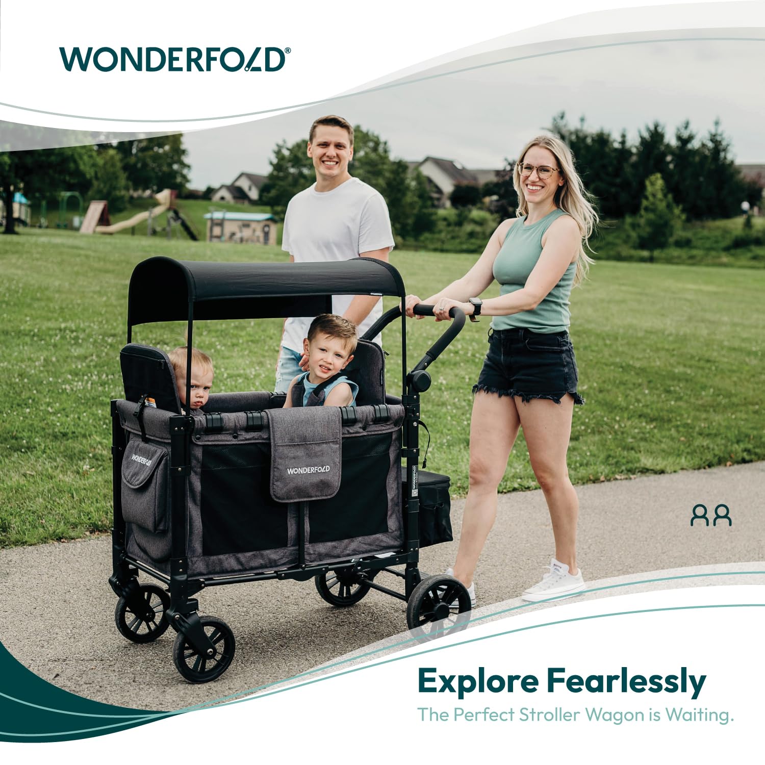 WonderFold W2 Elite Stroller Wagon - Foldable Wagon with Steel Frame - Adjustable Canopy & Push Handle - All-Terrain Wheels - for Babies, Toddlers & Kids - 2 Seater - Gray