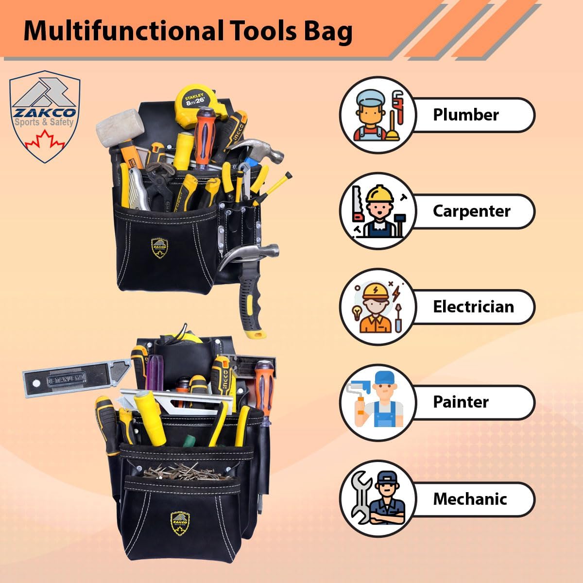 PRO-19 Genuine Grain Leather Multi Pockets Construction Tool Rig, Carpenter Tool Belt, 2 Leather Tool Pouches, Pro Style Tool Belt for Framers, Handyman, Drywall & Roofers (BLACK, Full Size)