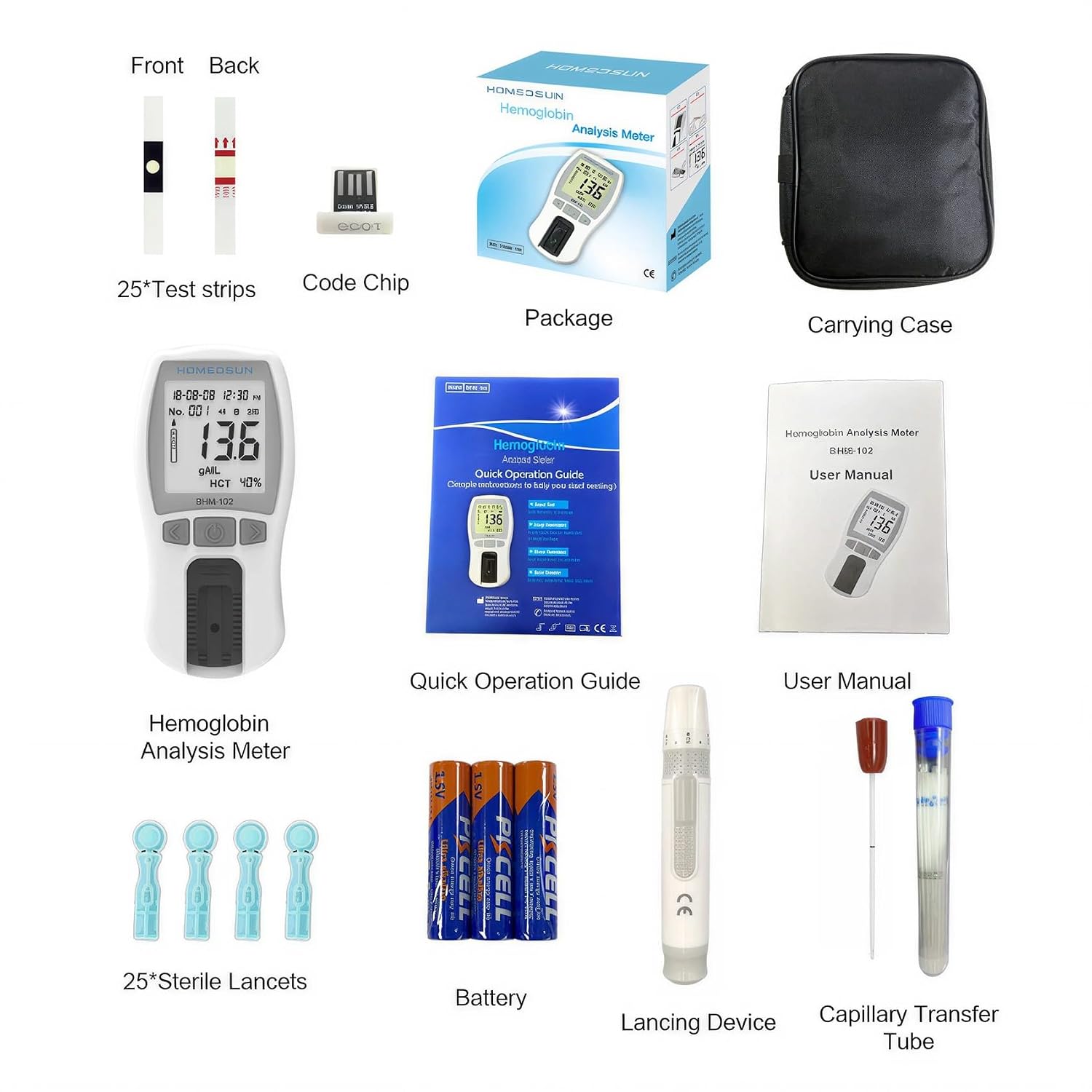 HSBHM-102 Home Care Portable Blood Hemoglobin Analyzer Anemia Hb Test Check Kit Handheld Finger Prick Meter Easy To Use Quick Results With 25Pcs Strips Lancets Droppers