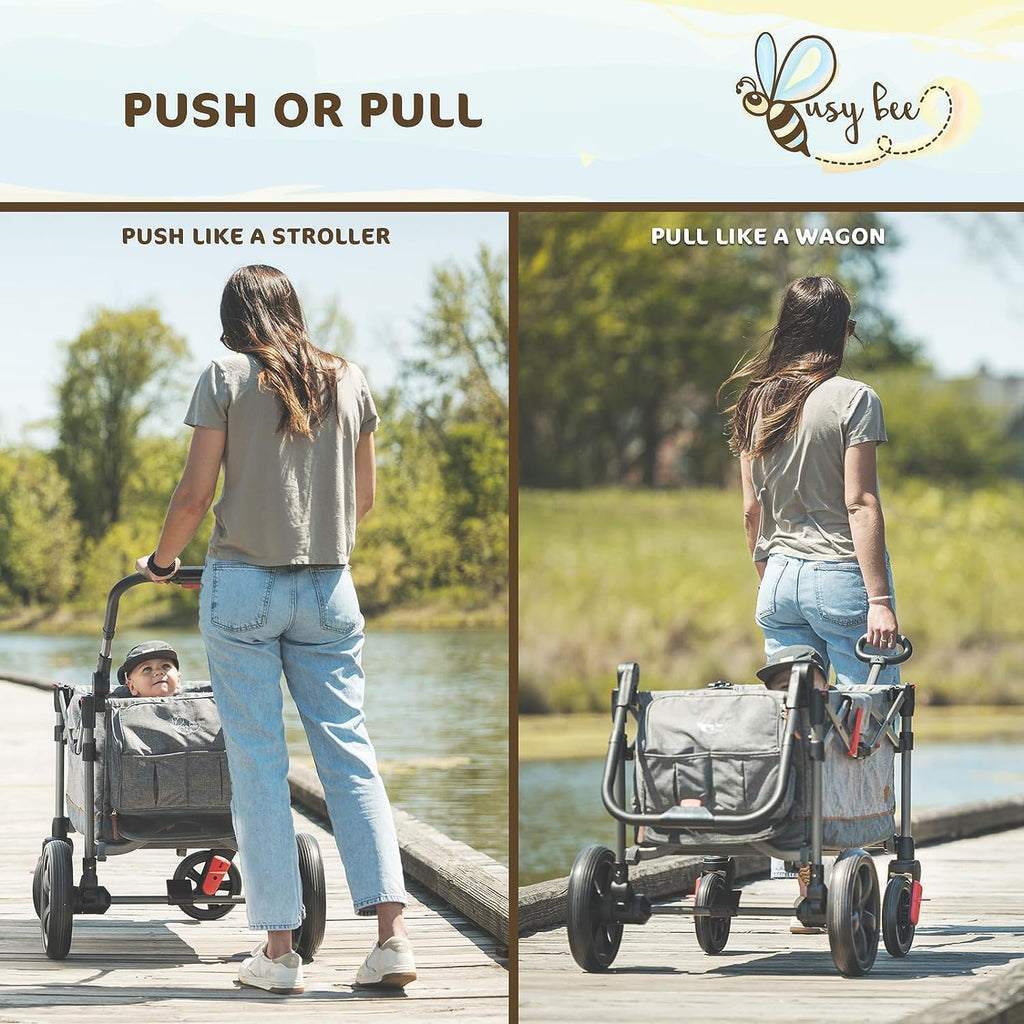 Busy Bee Foldable Wagon Stroller for 2 Kids, Push Pull Collapsible Kids Wagon with Adjustable Handle Bar, Removable Canopy, 5-Point Harness, Shock-Absorbing Wheels, Grey