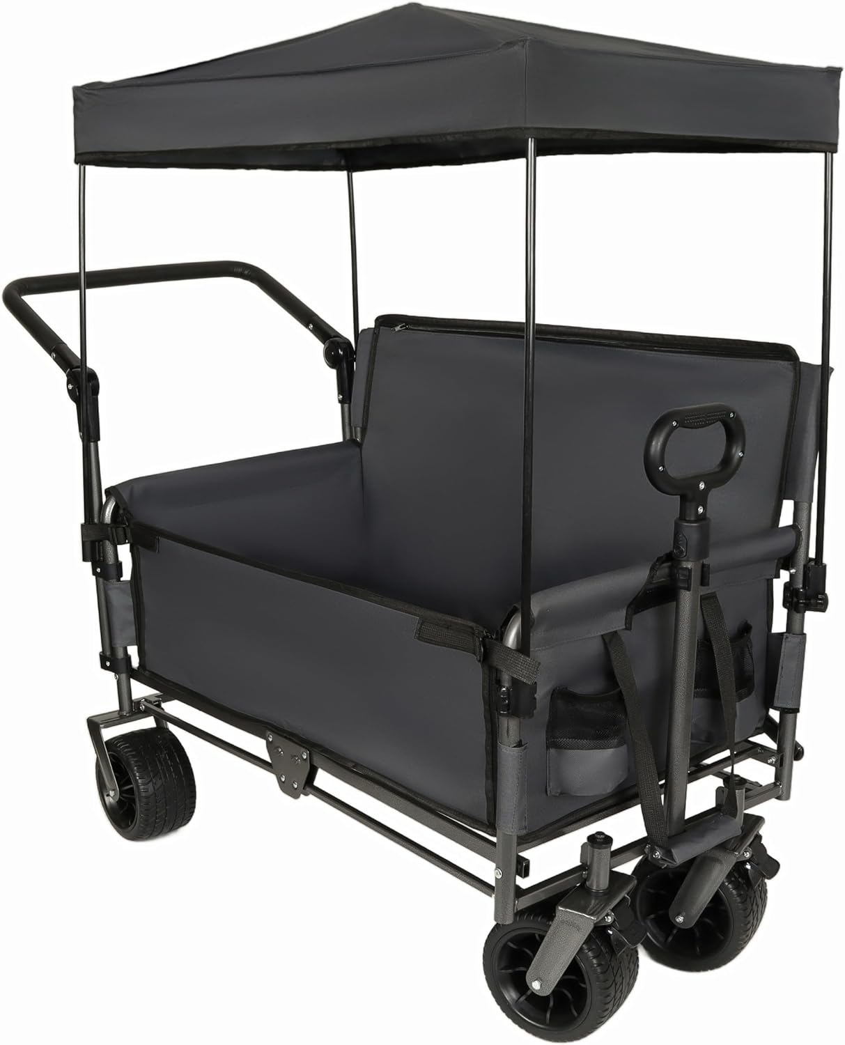 3-in-1 Heavy-Duty Folding Wagon Cart with Bench Seat, UV Canopy & 180L Storage – 500lbs Capacity All-Terrain Utility Cart for Camping, Beach, Sports & Garden (Gray)