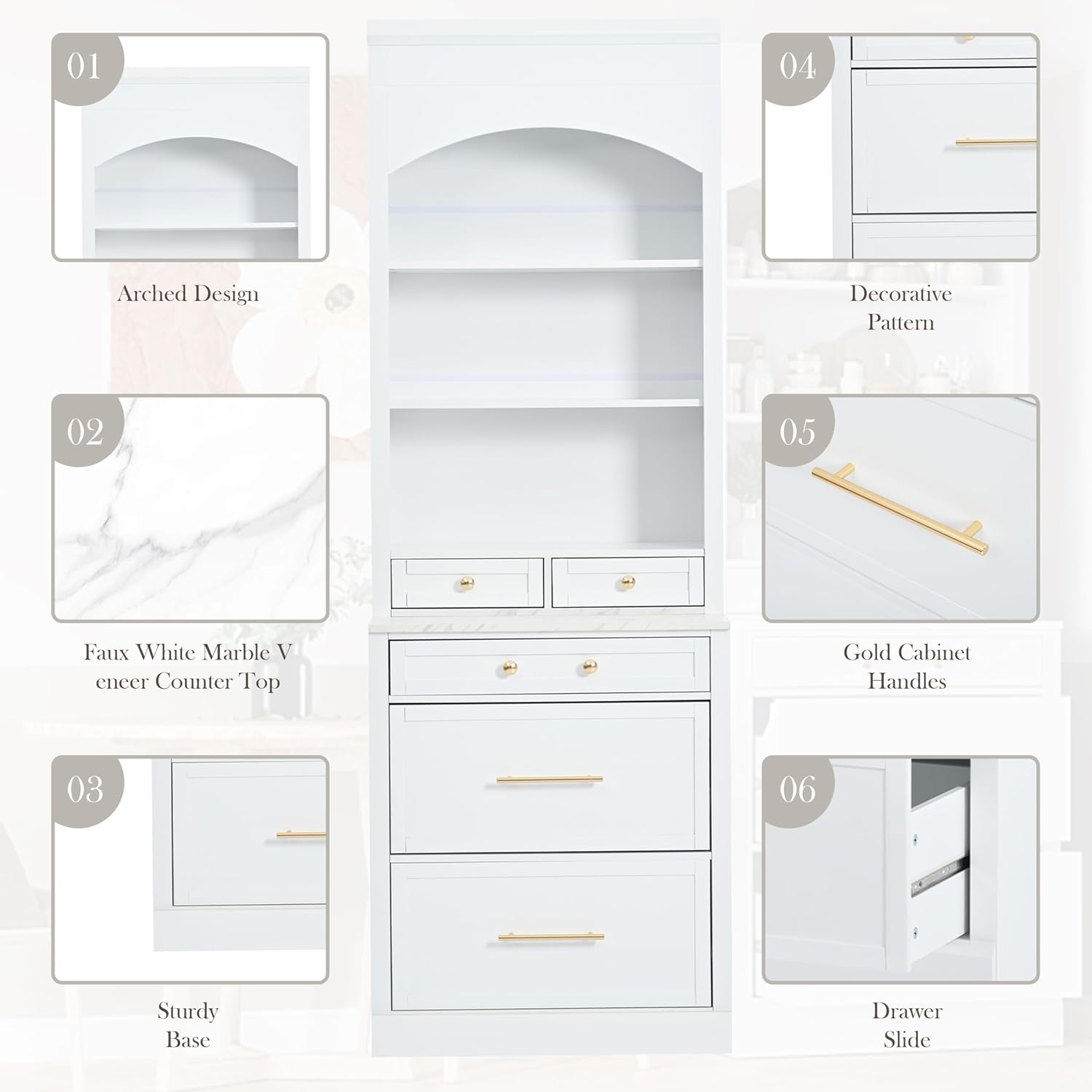 84' Faux Marble-Top Freestanding Storage Cabinet, Kitchen Storage Bakers Rack with 5 Drawers, Utility Food Cupboard with Adjustable Shelf for Kitchen/Dining Room/Living Space, White