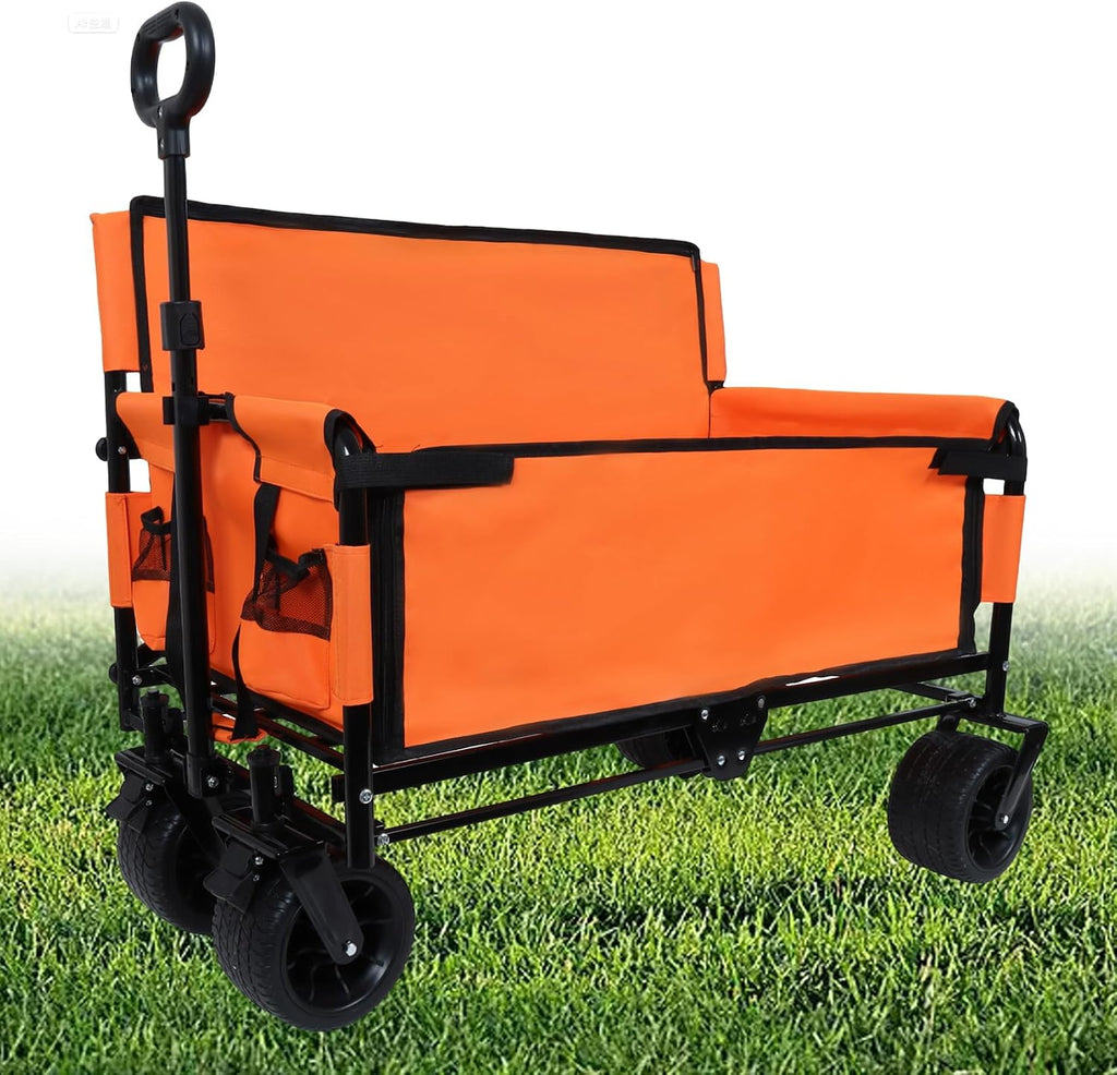 Convertible Folding Wagon Cart, 500lbs Heavy-Duty Utility Wagon with Bench Seat & Storage, 180L Capacity, All-Terrain Wheels for Camping, Beach, Sports, Garden