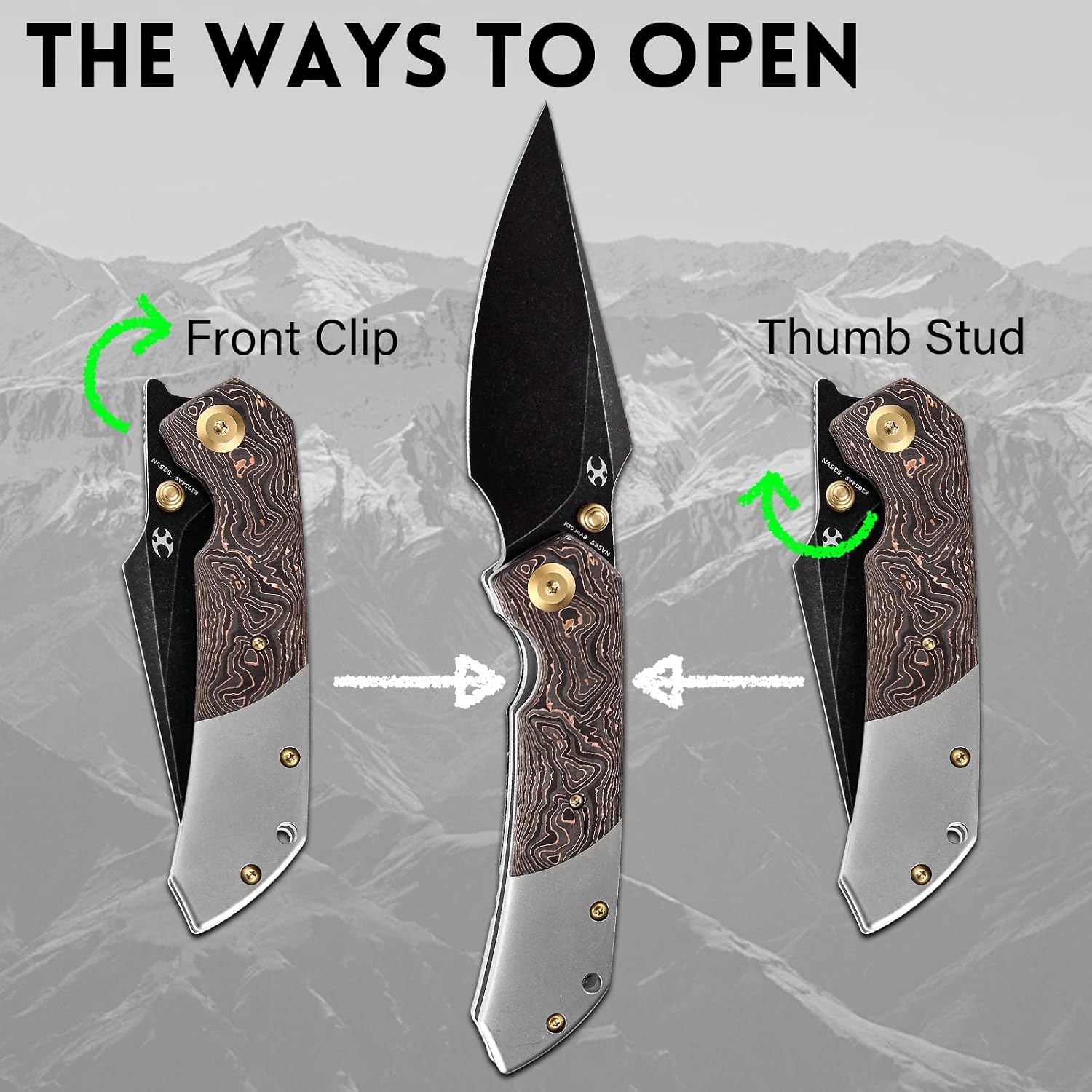 KANSEPT Fenrir Pocket Knife, 3.48' Blackwash CPM S35VN Harpoon Blade, Titanium Handle Copper Carbon Fiber Inlay, Thumb Stud & Liner Lock with Deep Clip EDC Knives for Camping Hunting Survival K1034A9