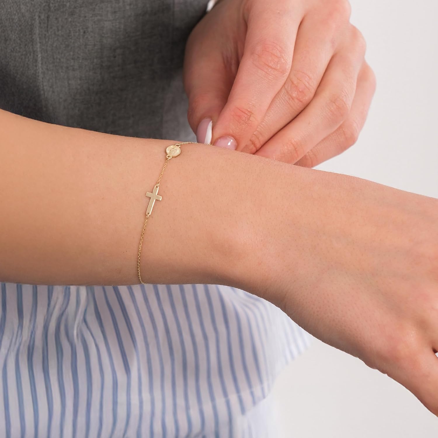 MIONZA 14K Solid Gold Rosary Sideways Cross Bracelet for Women, Adjustable Cross Bracelet, Religious Charm Catholic Jewelry, Christian Baptism Gift for Her