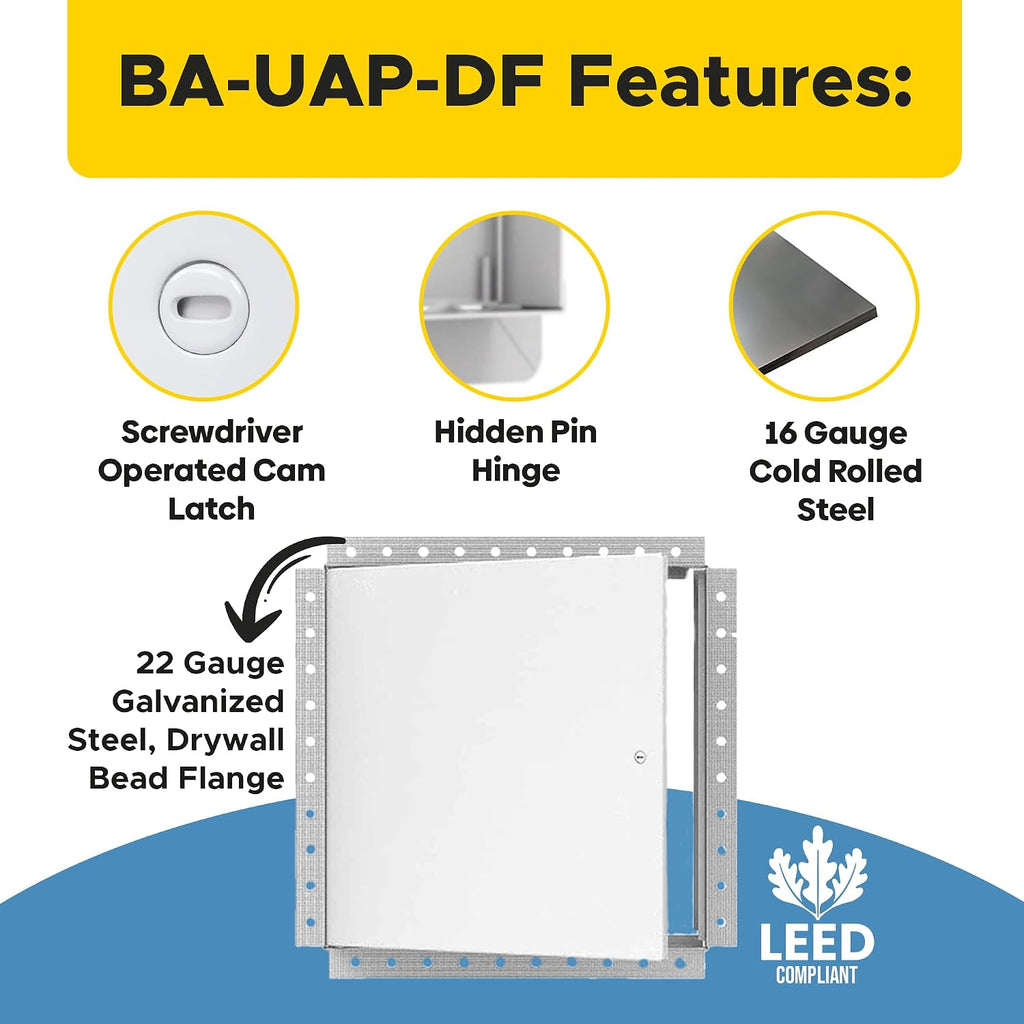 Best 12' x 12' Universal Metal Access Panel with Bead Flange, 16-Gauge Steel Access Door with Hidden Hinge, LEED Compliant Access Panel for Non-Rated Drywall/Ceilings, Screwdriver Latch, BA-UAP-DF