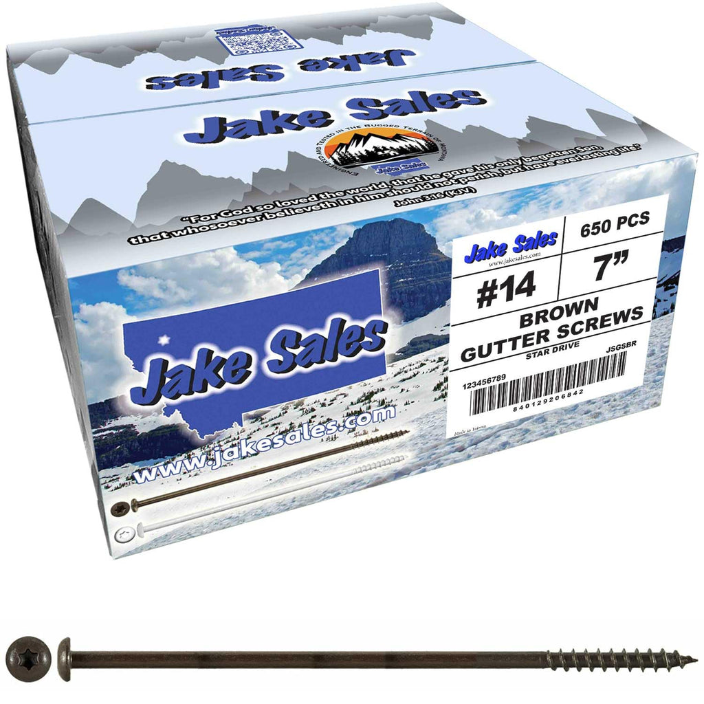 Jake Sales #14 x 7 Coated Torx/Star Drive Gutter Screws - Brown Exterior Coated Fasteners - for Fastening Gutters to Wood - Torx/Star T-30 Drive Head (Full Box - 650 Screws)