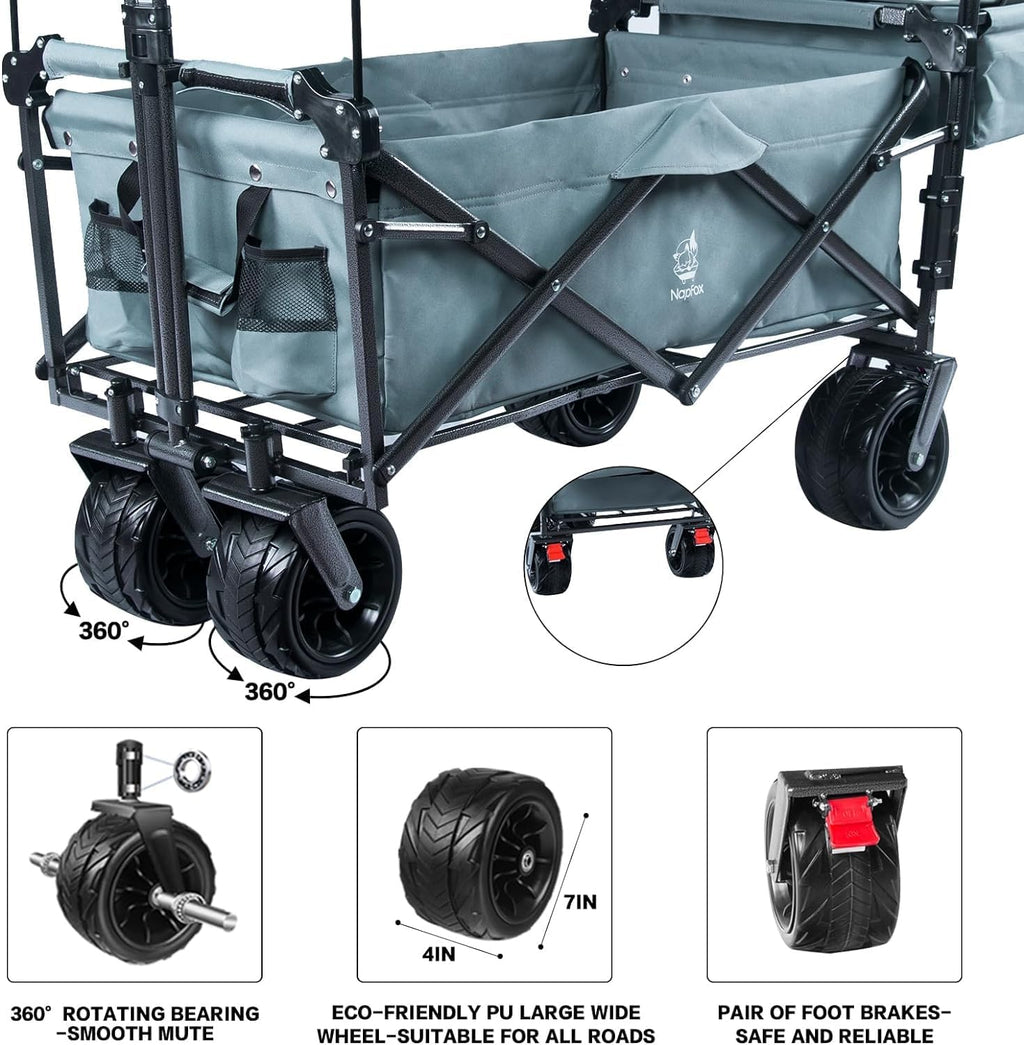 All Terrain Collapsible Wagon Cart with Big Wheels, 350 Pound Capacity Heavy Duty Enlarged Utility Folding Beach Garden Wagon Cart with Brake & Adjustable Handle for Outdoor Camping Shopping
