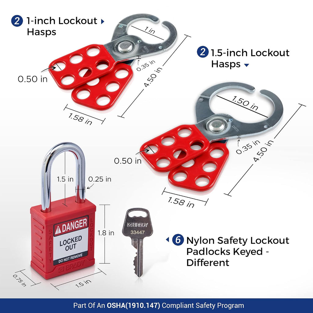 Brady Lockout Tagout Station with Loto Devices. 6 Keyed Different Safety Locks, 4 Hasps, Clamp On, Multipole Circuit Breaker Lockouts, Plug Lockout, Cable Lockout 20 Loto Tags. Safety Supply - 153685