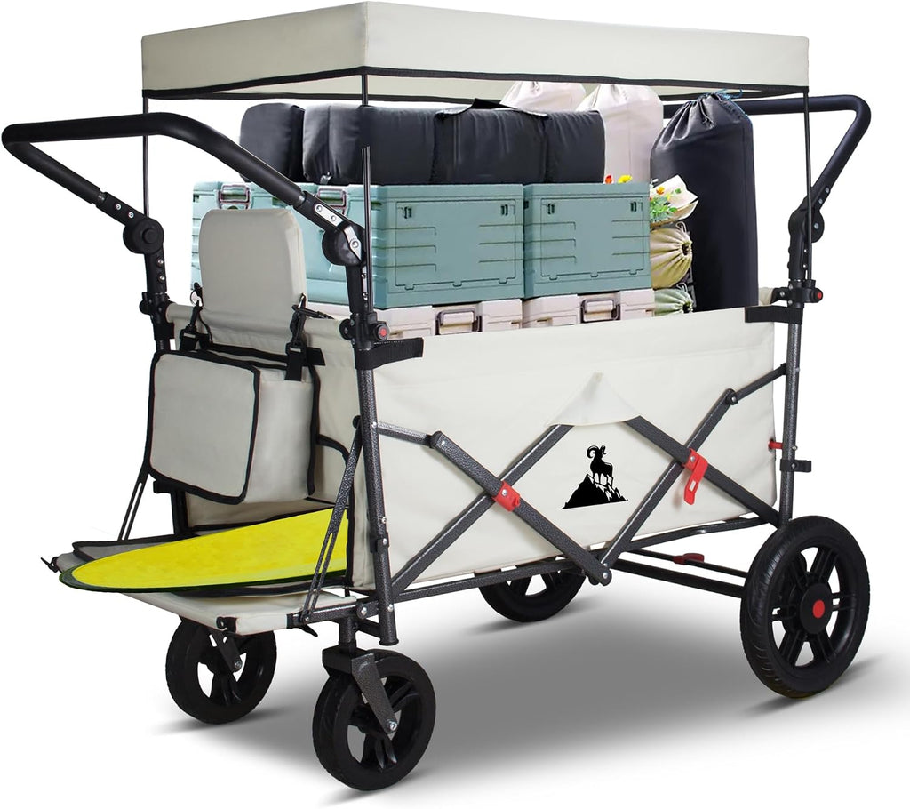 Foldable Wagon with Canopy - Collapsible Utility Cart with 2 Seats & Belts, Adjustable Handle, Expandable Front for Camping, Picnic, Shopping (Beige)