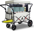 Foldable Wagon with Canopy - Collapsible Utility Cart with 2 Seats & Belts, Adjustable Handle, Expandable Front for Camping, Picnic, Shopping (Beige)