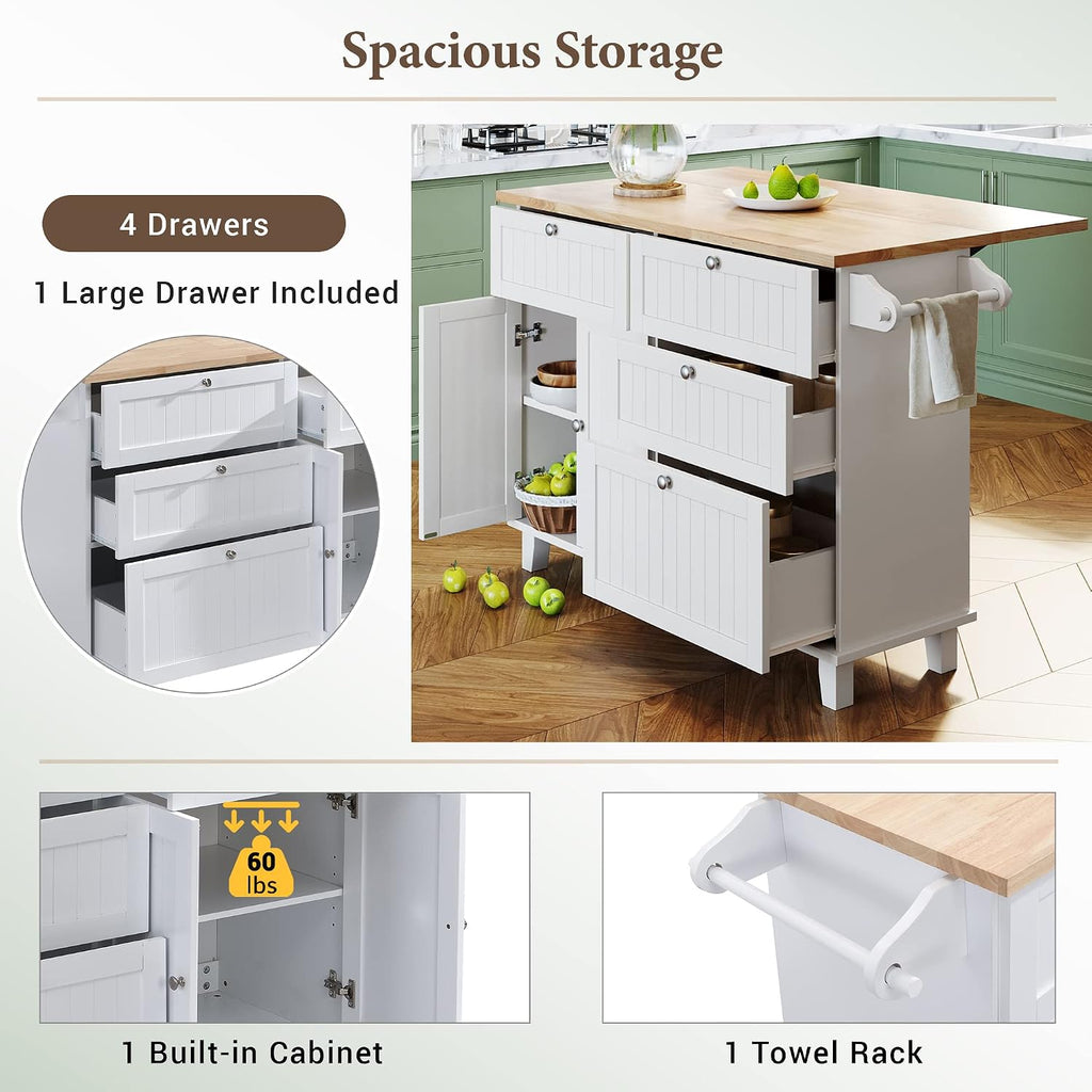Bellemave 3 Piece Kitchen Bar Table Set Kitchen Island Set with 2 Stools and Drop Leaf, Island Table Set with Seating, Storage Cabinet, Drawers and Towel Rack (White+Rustic Brown)