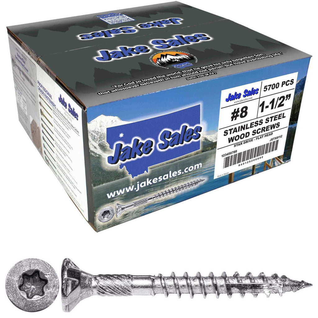 Jake Sales #8 x 1-1/2' Silver Star Stainless Steel Wood Screw Torx/Star Drive Head - Grade 305 Stainless Steel Torx/Star Drive Wood Screws - (Full Box - 6500 Approx. Screw Count)