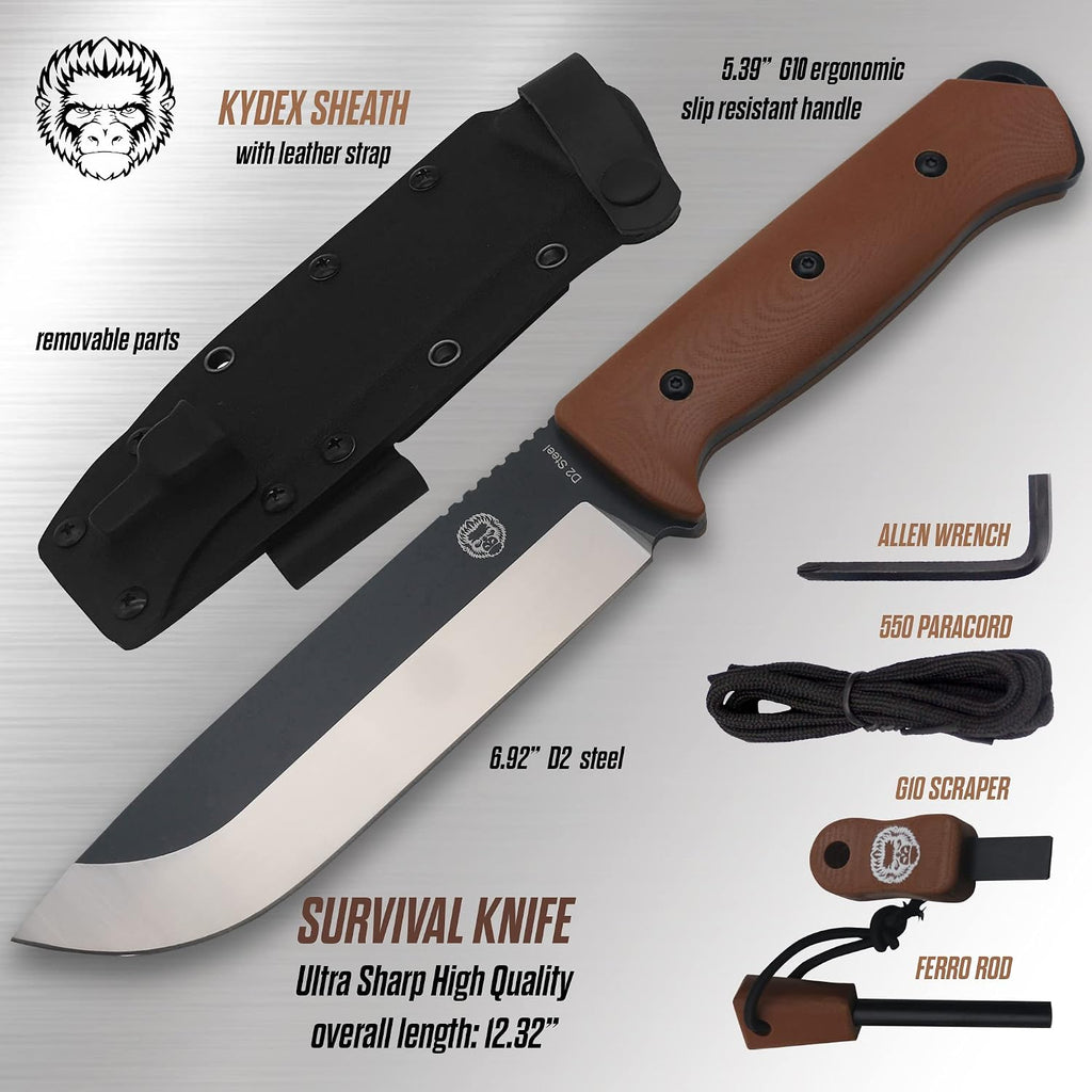 Holtzman's Gorilla Survival Bushwhacker Fixed Blade Knife with Fire Starter, G10 Scraper, and Paracord (Brown) - Ideal for Camping and Survival