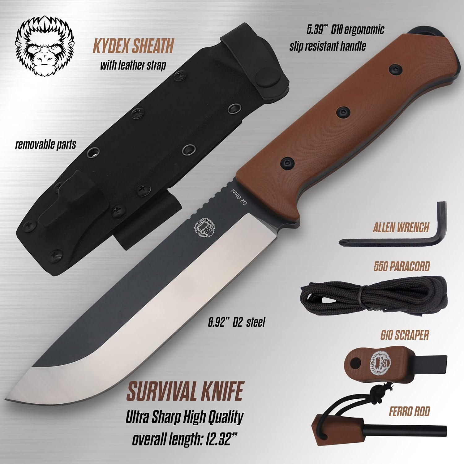 Holtzman's Gorilla Survival Bushwhacker Fixed Blade Knife with Fire Starter, G10 Scraper, and Paracord (Brown) - Ideal for Camping and Survival