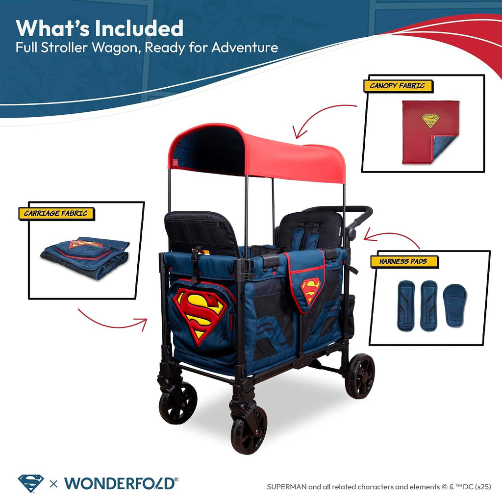 WONDERFOLD W2 Elite Pro Special Edition Superman Stroller Wagon (2 Seater) - Collapsible Wagon Stroller with Seats with 5-Point Harnesses, Easy Access Zipper Door, and Removable Sun Canopy