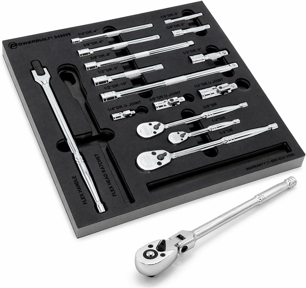 Powerbuilt Master Ratchet and Accessories Set, 16 Piece, 1/4, 3/8, and 1/2 Inch Drive Tools, Extension Bars, Universal Joints, Storage Tray - 949009