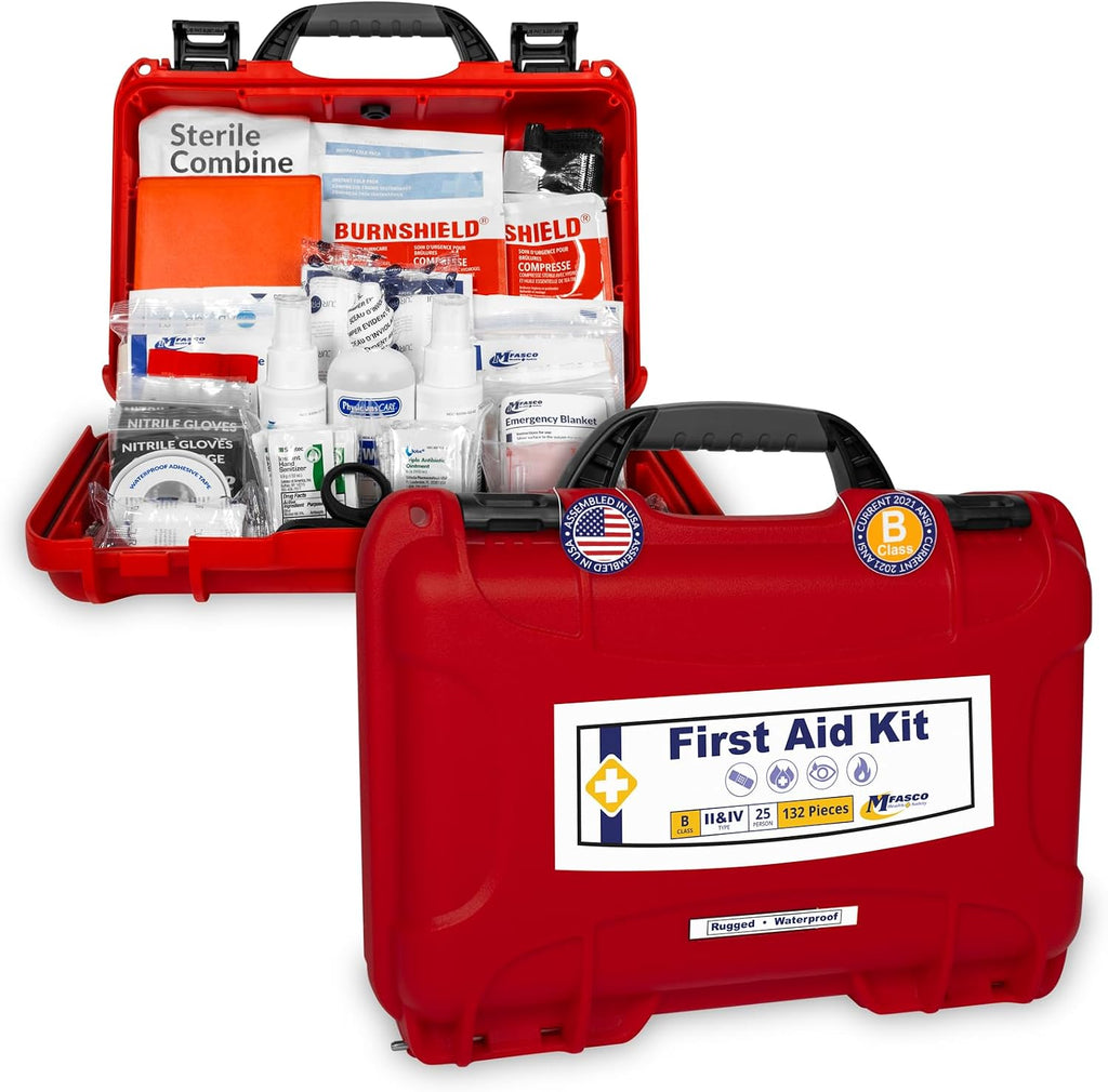 MFASCO 2021 OSHA/ANSI Class B First Aid Kit | Waterproof Rugged Case, Type II & IV - Emergency Medical Supplies for Businesses, Construction Environments, and Jobsites | Portable and Outdoor Ready