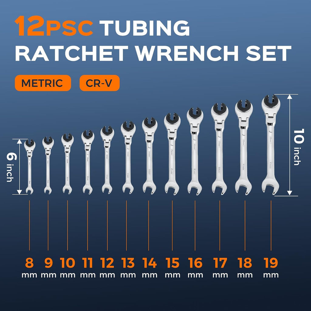 Bonvoisin 8-19mm Ratcheting Wrench Set with Open Flex-head 12 Pcs Metric Ratcheting Tubing Wrench Set CR-V Steel, 72-Teeth Gears, with Carrying Case, Gift for Husband and Man