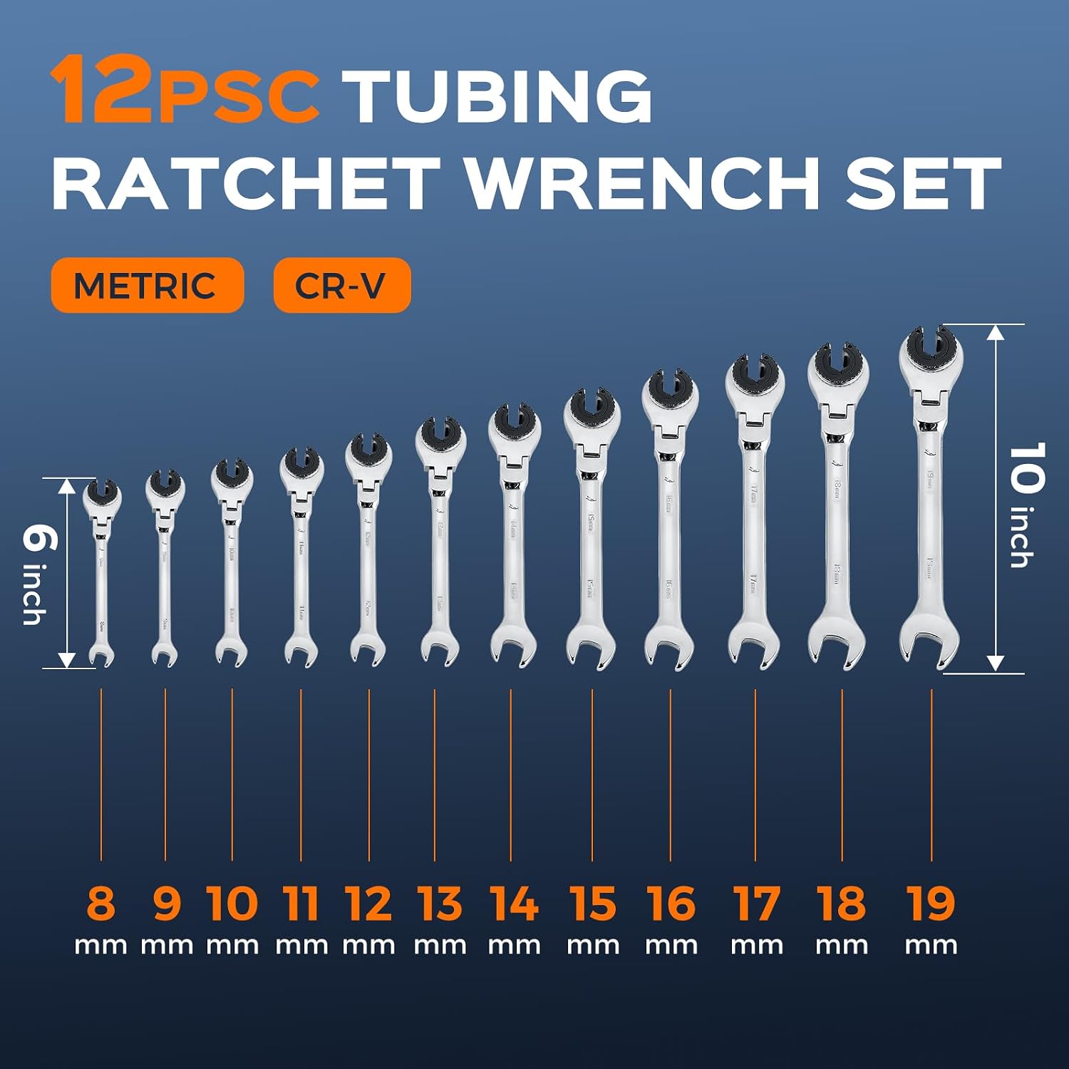 Bonvoisin 8-19mm Ratcheting Wrench Set with Open Flex-head 12 Pcs Metric Ratcheting Tubing Wrench Set CR-V Steel, 72-Teeth Gears, with Carrying Case, Gift for Husband and Man
