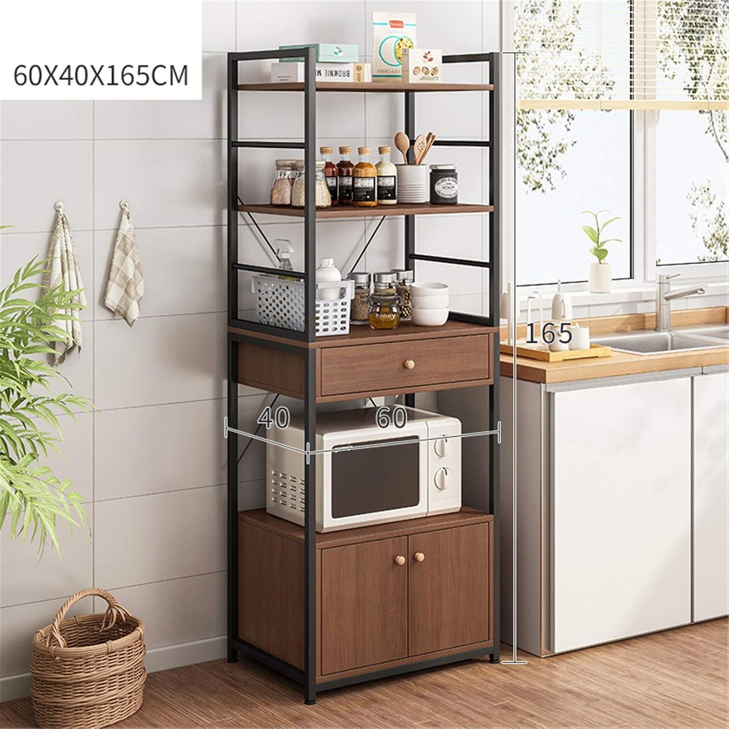 Shelf Unit Microwave Stand with Storage and Drawer Storage Cart Workstation Shelf 5-Tier Kitchen Baker's Rack Utility Shelf for Kitchen Cabinet Tableware (Color : Coffee Size : 60x40x165cm)