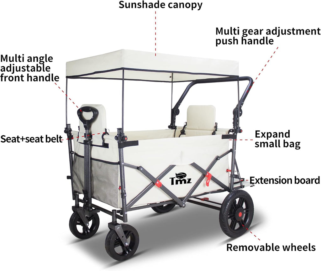 TMZ Collapsible Wagon with 2 Foldable Seats, Folding Cart with Removable Canopy, Heavy Duty Wagon 265LBS Load Capacity for Camping Garden Shopping (Beige)