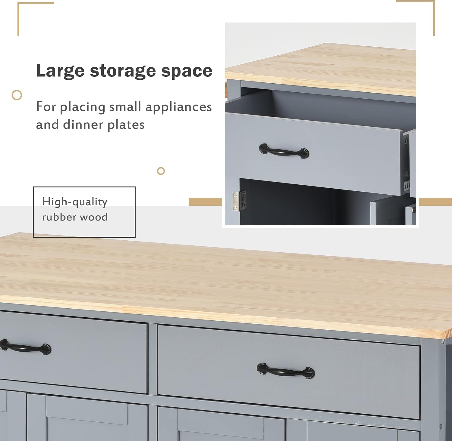 Merax 54.3' Width kitchen island with storage, Rolling Kitchen Storage Islands with 4 Door Cabinet & 2 Drawers, Kitchen Cart with Solid Wood Top, Lockable Wheels, Spice Rack, and Towel Rack, Grey Blue