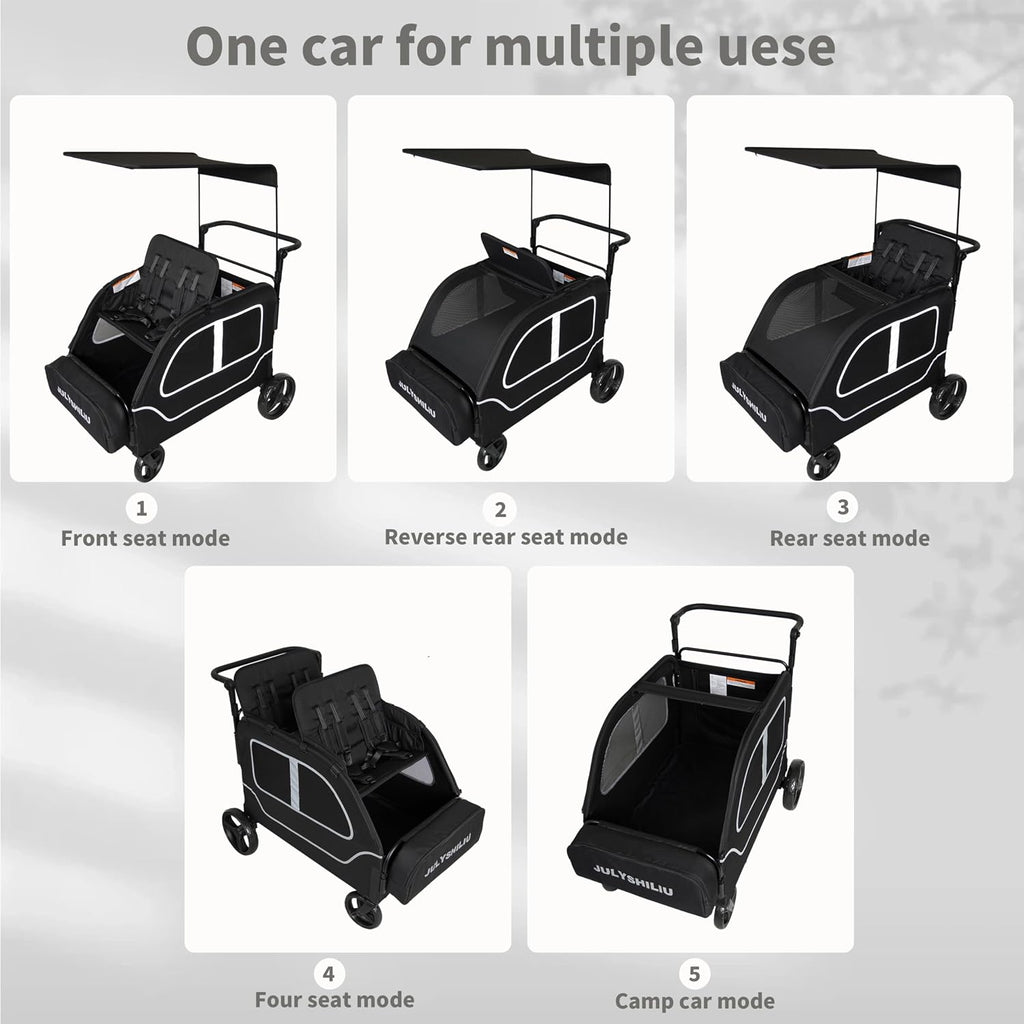 Car-Shaped Large 4 Seater Stroller Wagon for 2 3 Kids Toddler Child Foldable All-Terrain with Removable Canopy, 5-Point Harness, Storage Bag for Shopping Outdoor, Black