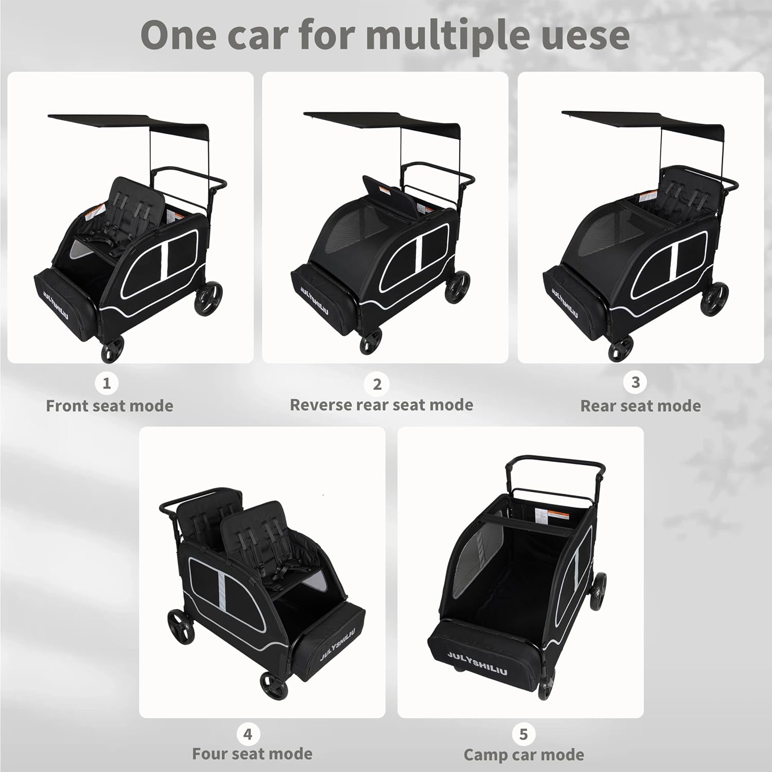 Car-Shaped Large 4 Seater Stroller Wagon for 2 3 Kids Toddler Child Foldable All-Terrain with Removable Canopy, 5-Point Harness, Storage Bag for Shopping Outdoor, Black